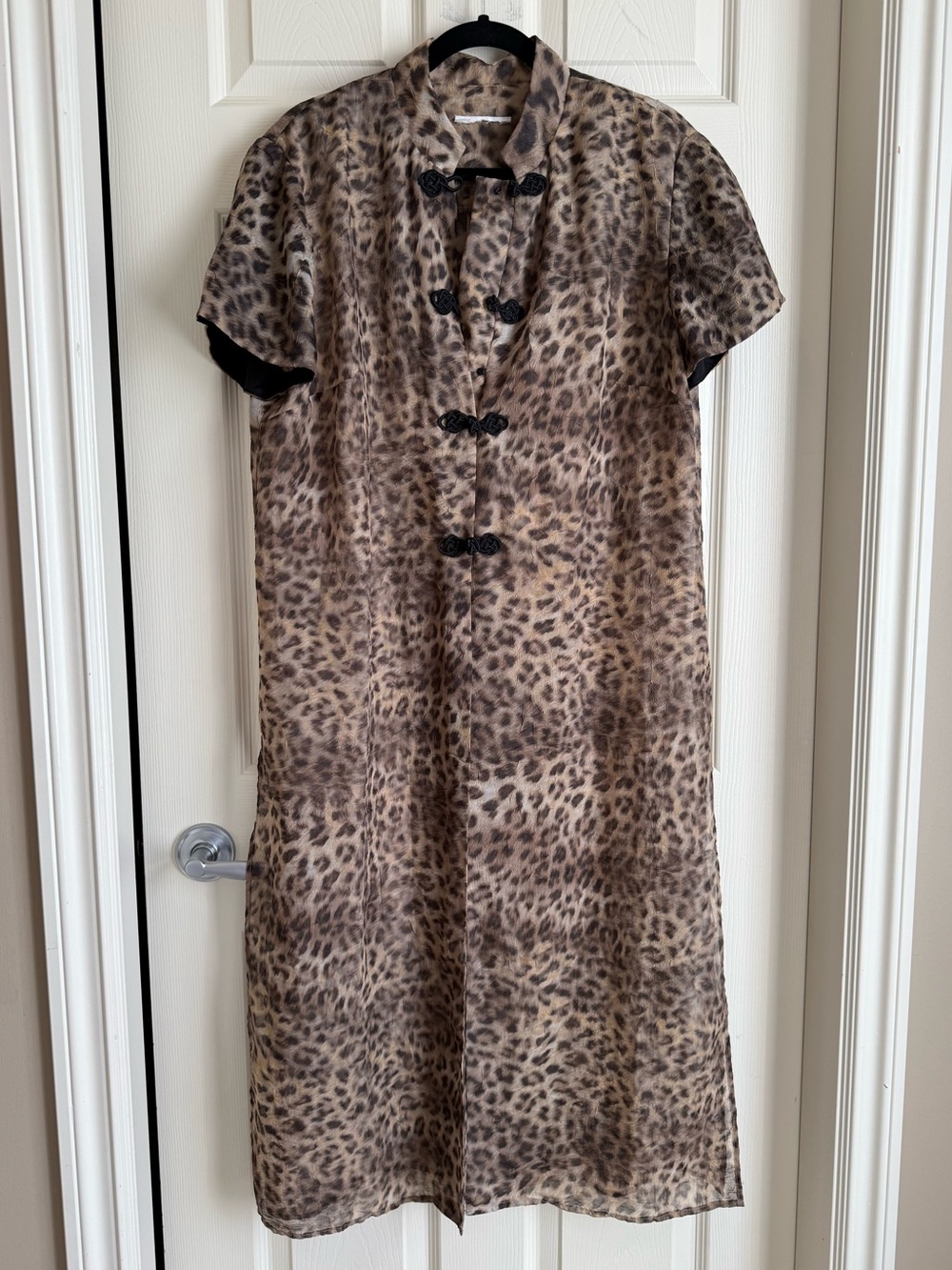 Leopard Print Frog Closure Longline Cheongsam Inspired Open Front Cover Up